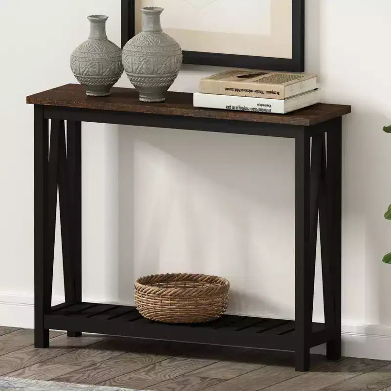 Console rustique avec étagère inférieure, plateau effet bois et cadre noir mat, table d'entrée de 99 cm