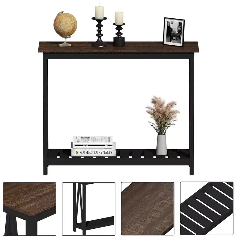 Console rustique avec étagère inférieure, plateau effet bois et cadre noir mat, table d'entrée de 99 cm