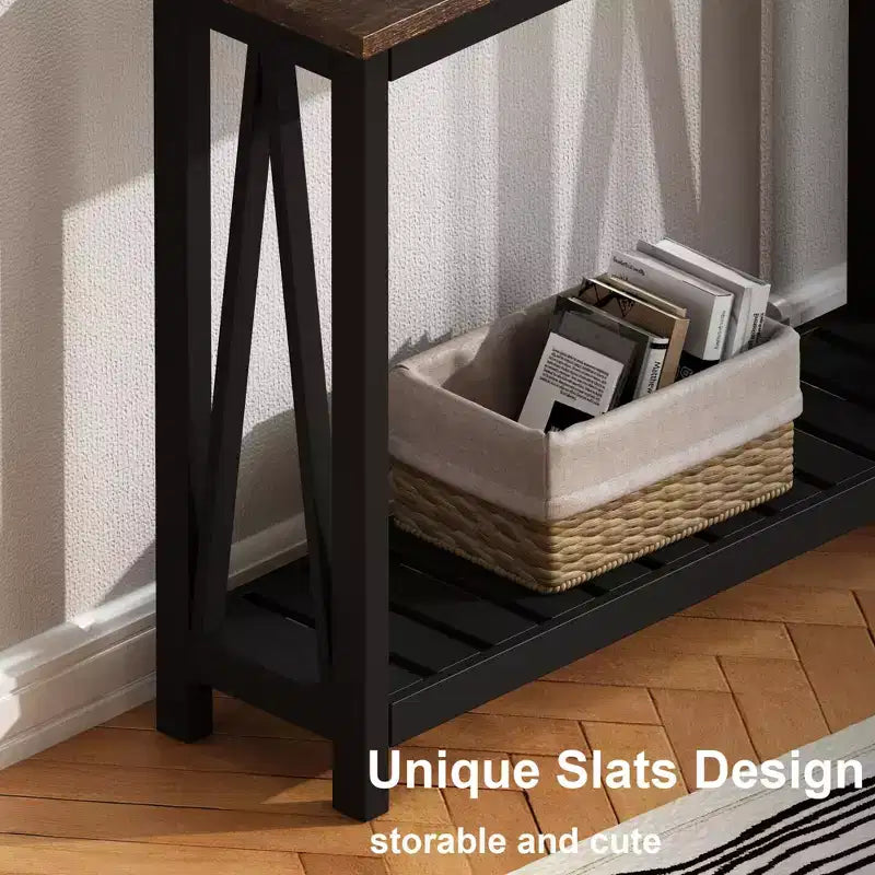 Console rustique avec étagère inférieure, plateau effet bois et cadre noir mat, table d'entrée de 99 cm