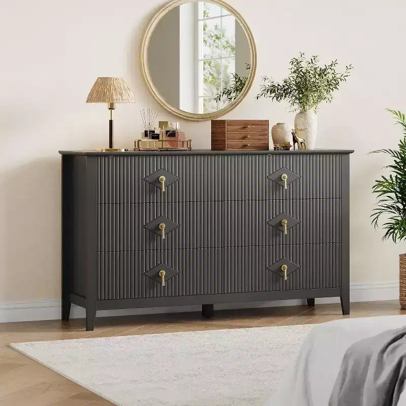 Commode haute cannelée, armoire de rangement en bois à 5 tiroirs pour chambre et salon