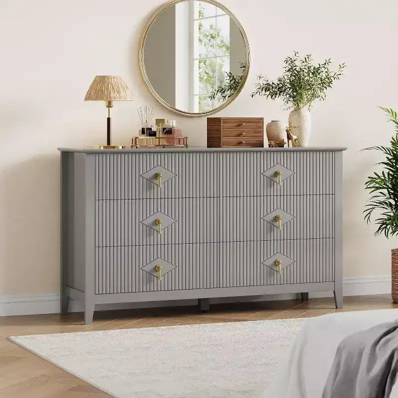 Commode haute cannelée, armoire de rangement en bois à 5 tiroirs pour chambre et salon