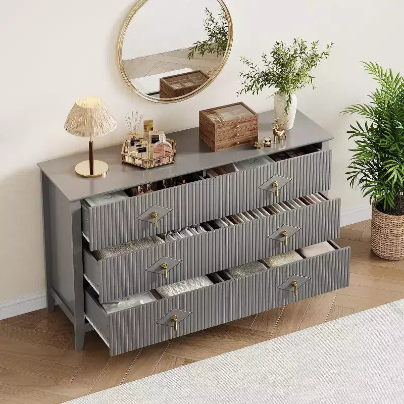 Commode haute cannelée, armoire de rangement en bois à 5 tiroirs pour chambre et salon