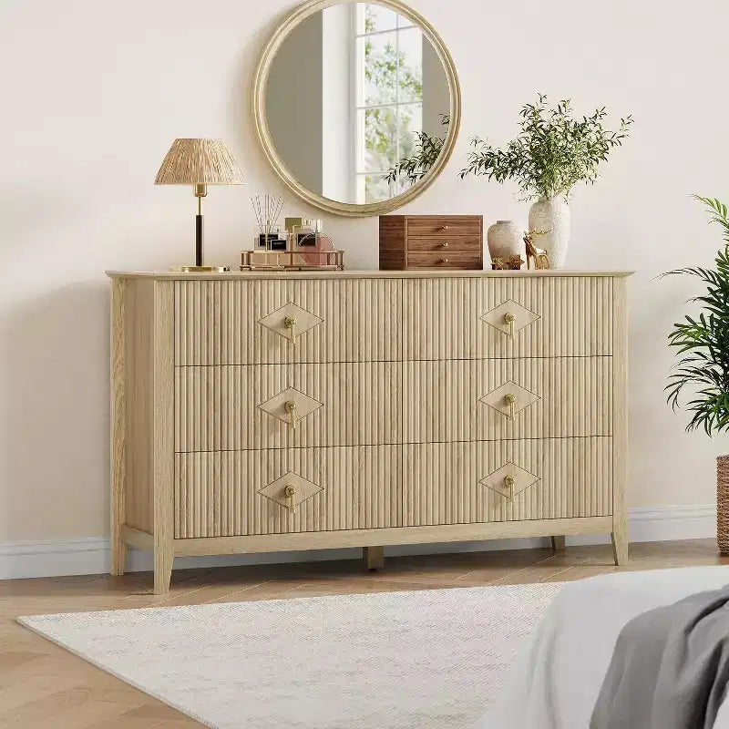 Commode haute cannelée, armoire de rangement en bois à 5 tiroirs pour chambre et salon