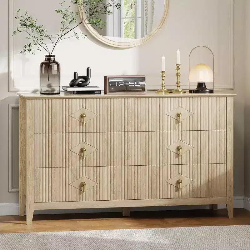 Commode haute cannelée, armoire de rangement en bois à 5 tiroirs pour chambre et salon