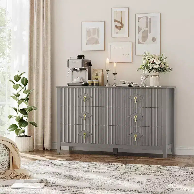 Commode haute cannelée, armoire de rangement en bois à 5 tiroirs pour chambre et salon