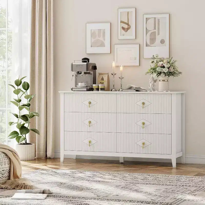 Commode haute cannelée, armoire de rangement en bois à 5 tiroirs pour chambre et salon