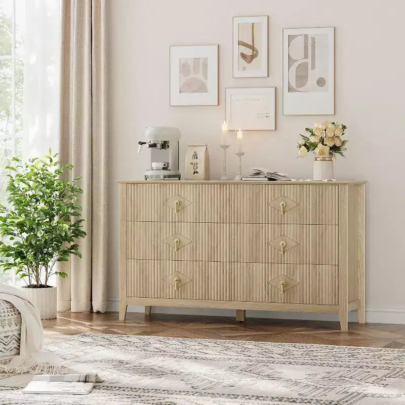 Commode haute cannelée, armoire de rangement en bois à 5 tiroirs pour chambre et salon
