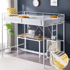 VINGLI Full Metal Loft Bed for Kids Loft Bunk Bed Frame with Stairs/Flat Ladder Rung,No Box Spring Required, White