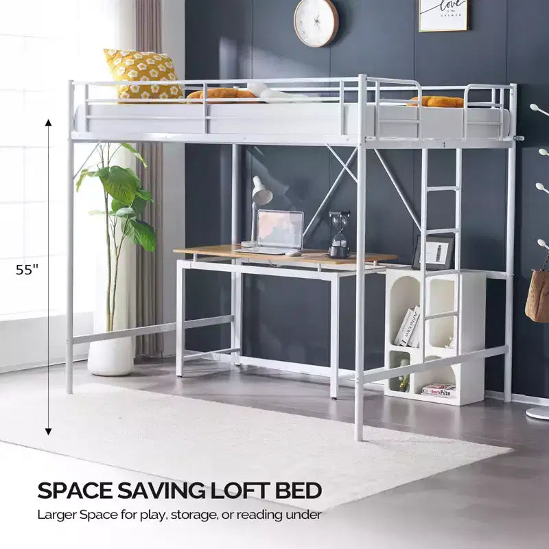 Lit mezzanine en métal pour enfants avec escalier/échelle plate, sommier tapissier non requis, blanc