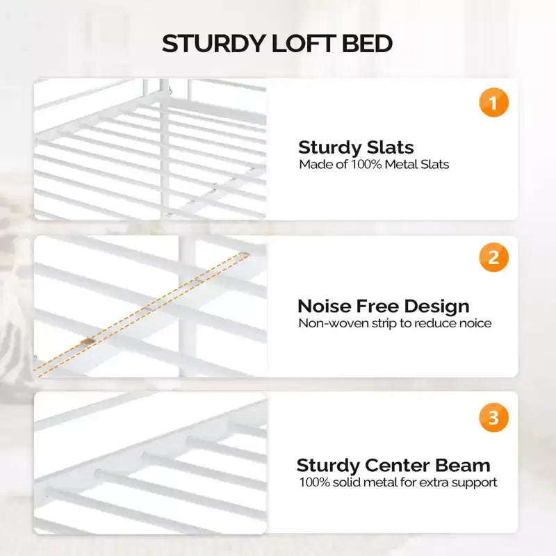 Lit mezzanine en métal pour enfants avec escalier/échelle plate, sommier tapissier non requis, blanc