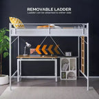 Lit mezzanine en métal pour enfants avec escalier/échelle plate, sommier tapissier non requis, blanc