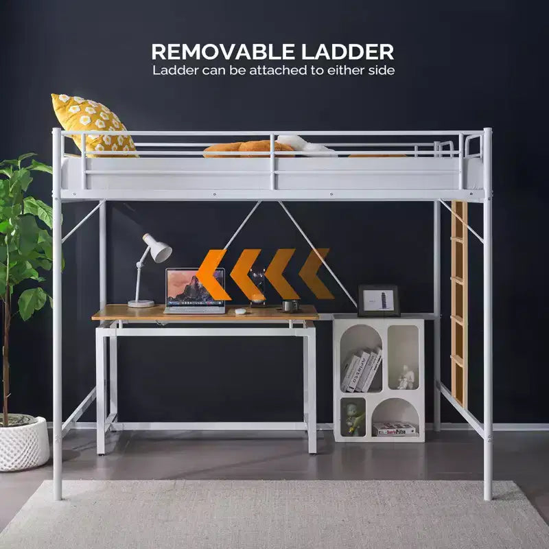 Lit mezzanine en métal pour enfants avec escalier/échelle plate, sommier tapissier non requis, blanc