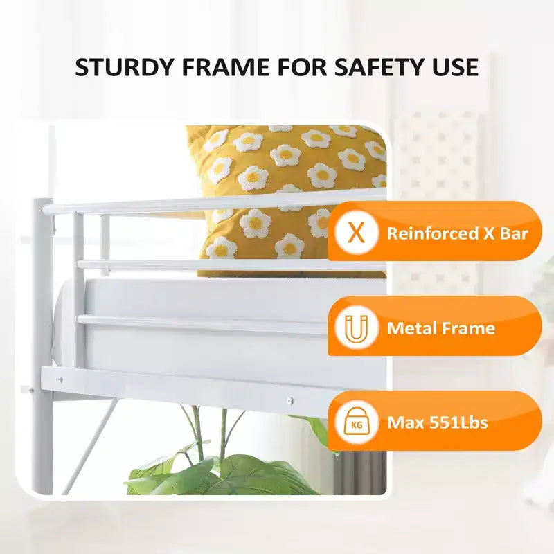 Lit mezzanine en métal pour enfants avec escalier/échelle plate, sommier tapissier non requis, blanc