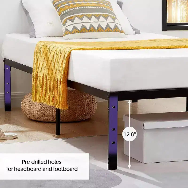 Cadre de lit en métal simple avec lattes métalliques, sommier plateforme robuste avec rangement sous le lit, support antidérapant, noir