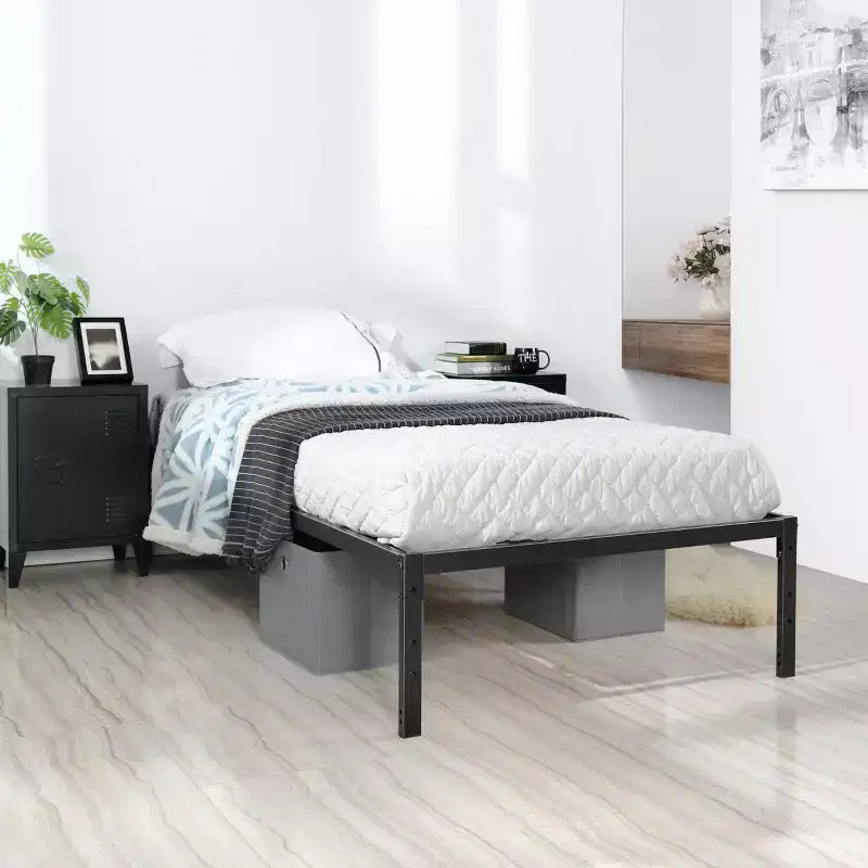 Cadre de lit en métal simple avec lattes métalliques, sommier plateforme robuste avec rangement sous le lit, support antidérapant, noir