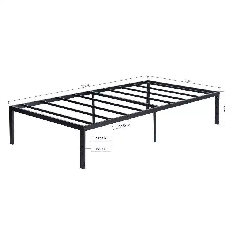 Cadre de lit en métal simple avec lattes métalliques, sommier plateforme robuste avec rangement sous le lit, support antidérapant, noir
