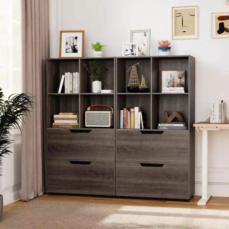 Étagère 4 cubes avec 2 tiroirs pour salon, bureau, espace de travail - Blanc/Noir/Gris/Naturel