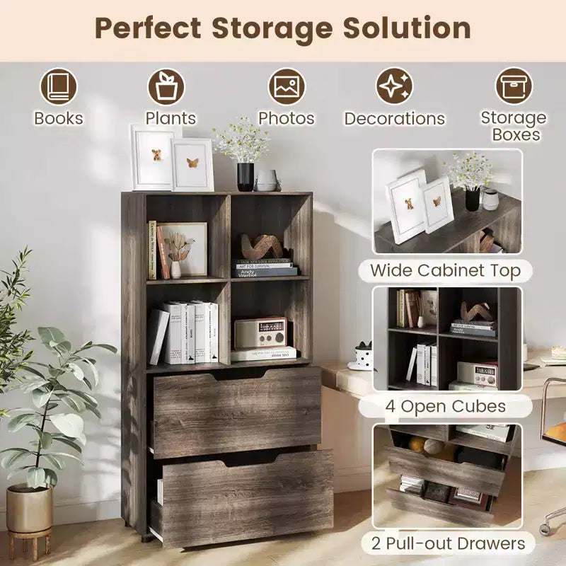 Étagère 4 cubes avec 2 tiroirs pour salon, bureau, espace de travail - Blanc/Noir/Gris/Naturel
