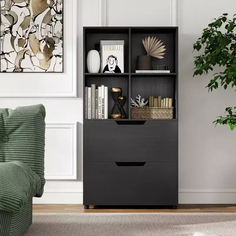 Étagère 4 cubes avec 2 tiroirs pour salon, bureau, espace de travail - Blanc/Noir/Gris/Naturel