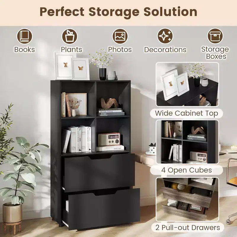 Étagère 4 cubes avec 2 tiroirs pour salon, bureau, espace de travail - Blanc/Noir/Gris/Naturel