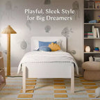 Lit simple – Blanc et naturel délavé, lit plateforme moderne pour enfants avec bords arrondis