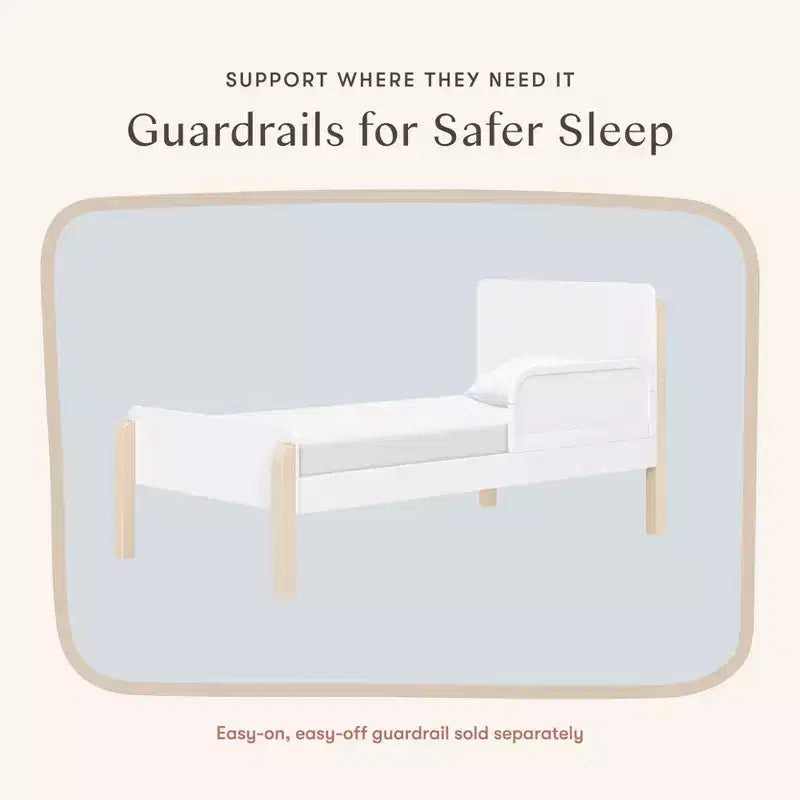 Lit simple – Blanc et naturel délavé, lit plateforme moderne pour enfants avec bords arrondis