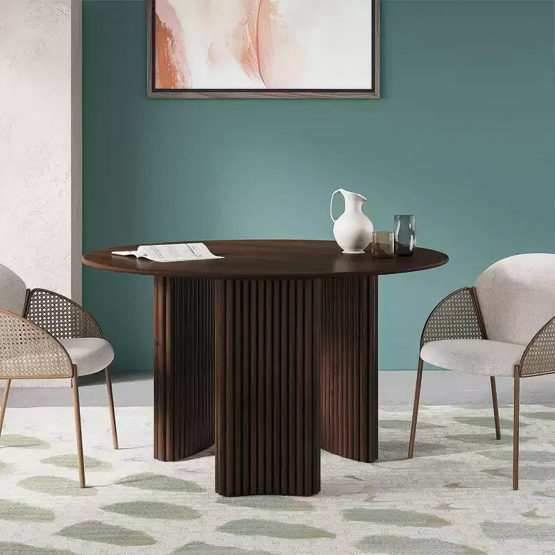 Modern Round Dining Table with Striped Column Legs, Solid Wood Kitchen Table, Anti-Scratch Footpads, Walnut
