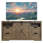 Modern TV stand, accommodates TVs up to 70 inches, featuring 4 drawers and sliding barn doors for a living room entertainment center.