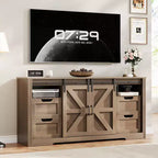 Meuble TV moderne, pour téléviseurs jusqu'à 70 pouces, avec 4 tiroirs et portes coulissantes de style grange pour un centre de divertissement de salon.