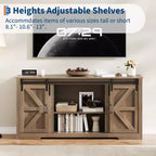 Meuble TV moderne, pour téléviseurs jusqu'à 70 pouces, avec 4 tiroirs et portes coulissantes de style grange pour un centre de divertissement de salon.