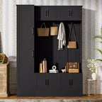 Okak 79IN Modern Hall Tree with 6 Cabinets and 4 Coat Hooks, Coat Rack with Shoe Storage Bench and Adjustable Shelf for Hallway, Living Room, Black