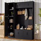 Meuble d'entrée moderne avec 6 armoires et 4 patères, porte-manteau avec banc de rangement à chaussures et étagère réglable pour couloir, salon, noir
