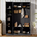 Meuble d'entrée moderne avec 6 armoires et 4 patères, porte-manteau avec banc de rangement à chaussures et étagère réglable pour couloir, salon, noir