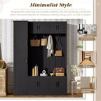 Meuble d'entrée moderne avec 6 armoires et 4 patères, porte-manteau avec banc de rangement à chaussures et étagère réglable pour couloir, salon, noir