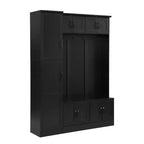 Meuble d'entrée moderne avec 6 armoires et 4 patères, porte-manteau avec banc de rangement à chaussures et étagère réglable pour couloir, salon, noir