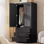 COZONY Wooden Wardrobe with Hanging Rod & Drawers, Double Door Storage Cabinet for Bedroom