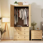 Armoire en bois avec tringle et tiroirs, meuble de rangement à double porte pour chambre à coucher