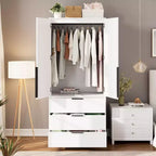 Armoire en bois avec tringle et tiroirs, meuble de rangement à double porte pour chambre à coucher