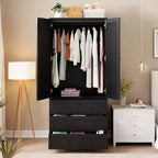 Armoire en bois avec tringle et tiroirs, meuble de rangement à double porte pour chambre à coucher