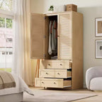 Armoire en bois avec tringle et tiroirs, meuble de rangement à double porte pour chambre à coucher