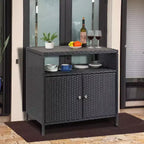 Meuble de rangement d'extérieur en osier avec étagère, table de bar de patio à 2 portes, rotin PE tout temps et acier enduit de poudre, organisateur de rangement de jardin/piscine pour patio