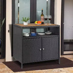 Meuble de rangement d'extérieur en osier avec étagère, table de bar de patio à 2 portes, rotin PE tout temps et acier enduit de poudre, organisateur de rangement de jardin/piscine pour patio
