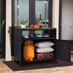 Meuble de rangement d'extérieur en osier avec étagère, table de bar de patio à 2 portes, rotin PE tout temps et acier enduit de poudre, organisateur de rangement de jardin/piscine pour patio