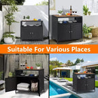 Meuble de rangement d'extérieur en osier avec étagère, table de bar de patio à 2 portes, rotin PE tout temps et acier enduit de poudre, organisateur de rangement de jardin/piscine pour patio