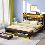Greenstell Black Upholstered Full Bed Frame, Dimmable LED Strip Lights, USB Charging Station, Storage Headboard & 2 Drawers, Heavy Duty, Easy Assembly