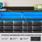 Cadre de lit double rembourré noir, lumières LED à intensité variable, station de charge USB, tête de lit de rangement et 2 tiroirs, robuste, assemblage facile