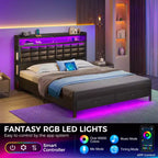 Cadre de lit double rembourré noir, lumières LED à intensité variable, station de charge USB, tête de lit de rangement et 2 tiroirs, robuste, assemblage facile