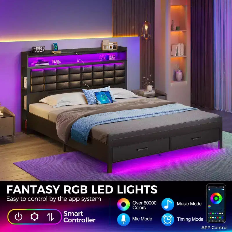 Black Upholstered Full Bed Frame, Dimmable LED Strip Lights, USB Charging Station, Storage Headboard & 2 Drawers, Heavy Duty, Easy Assembly