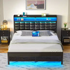 Cadre de lit double rembourré noir, lumières LED à intensité variable, station de charge USB, tête de lit de rangement et 2 tiroirs, robuste, assemblage facile