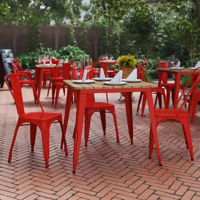 Table à manger de qualité commerciale pour l'intérieur/extérieur, plateau carré de 80 cm en polyrésine tout temps avec base en acier